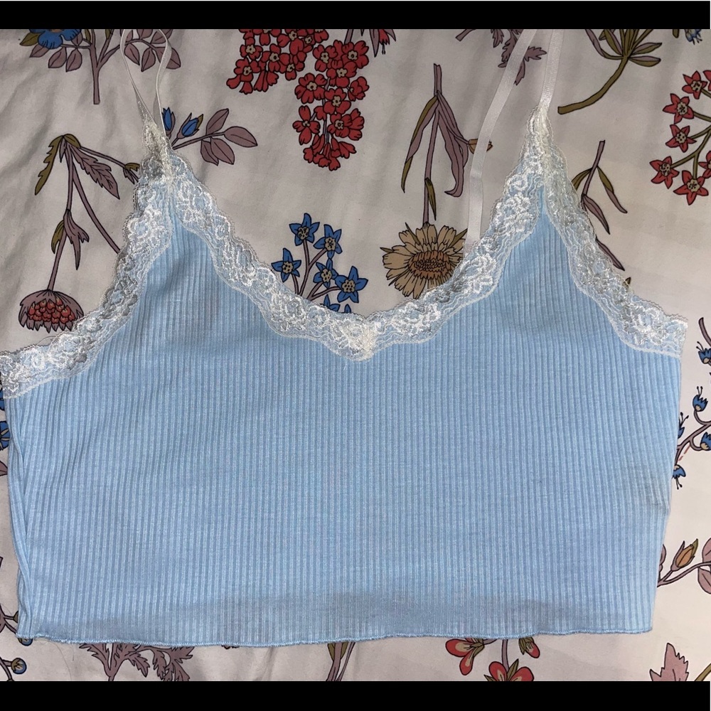 Lace trim rib knit crop cami top